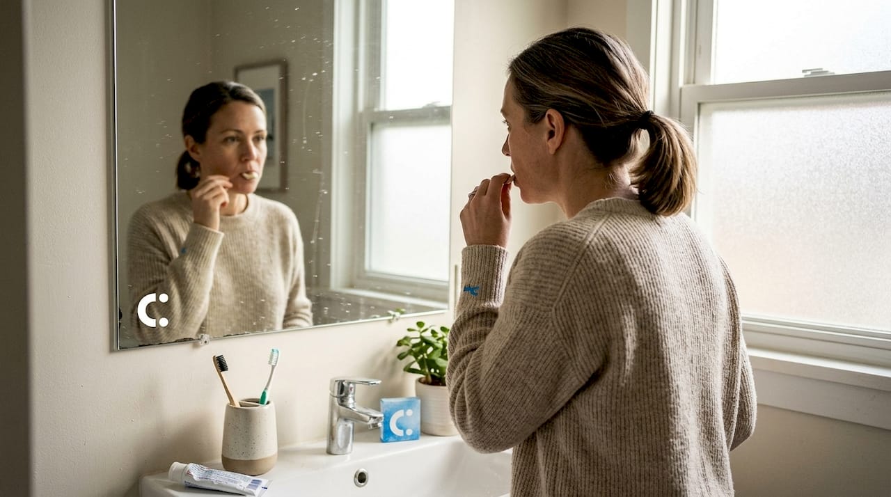 Woman chewing gum in morning bathroom routine