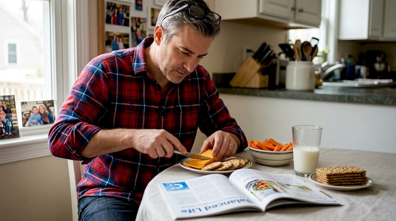 Hombre preparando un snack de queso y zanahoria en la cocina
