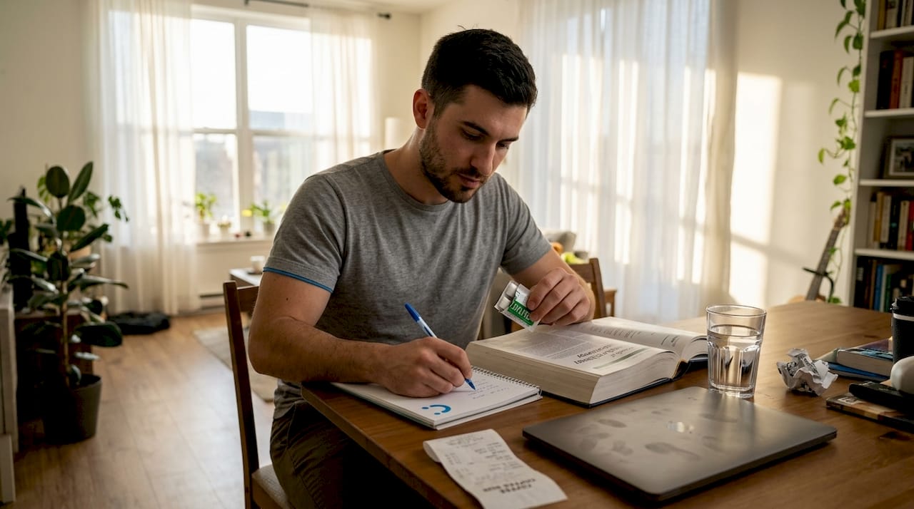 Man unwrapping xylitol gum at dining table