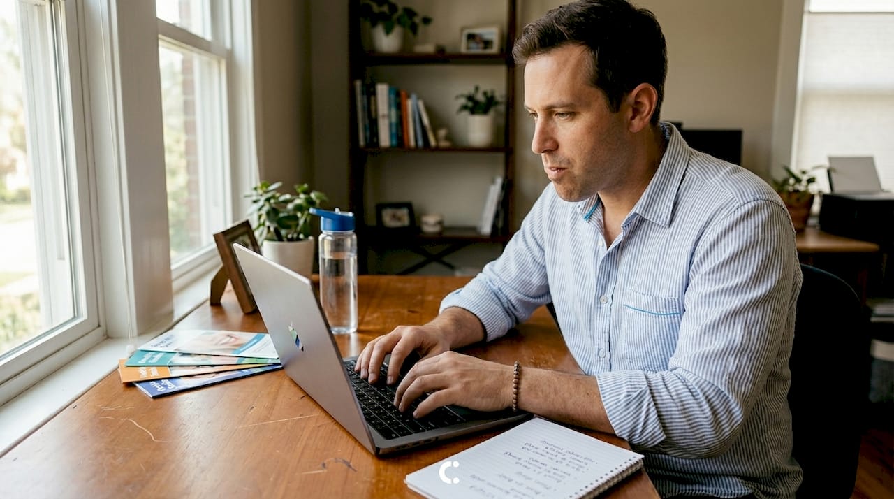 Man chewing gum at home desk