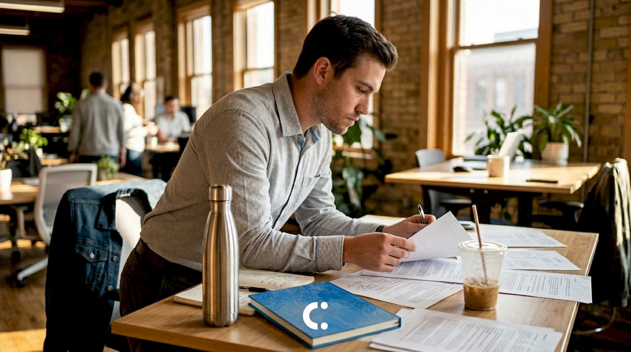 Man chewing gum at work desk reading