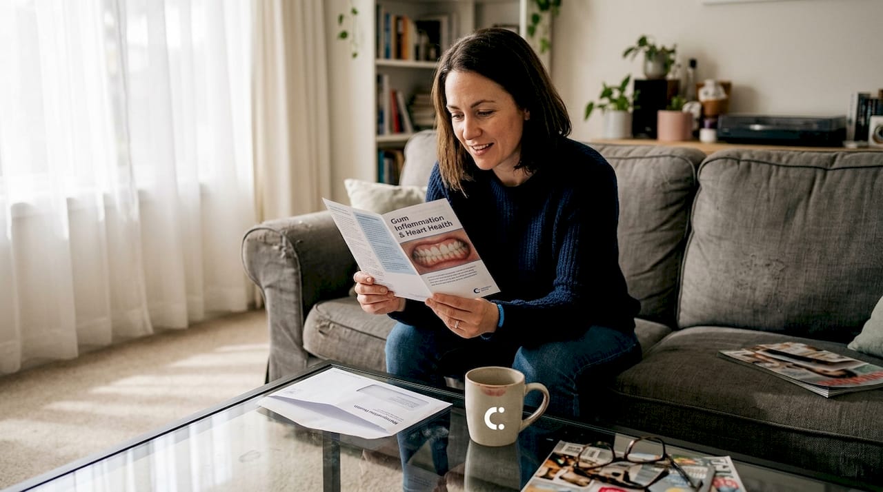 Persona leyendo un folleto sobre la salud de las encías