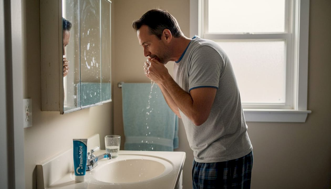 Man rinsing mouth after brushing teeth