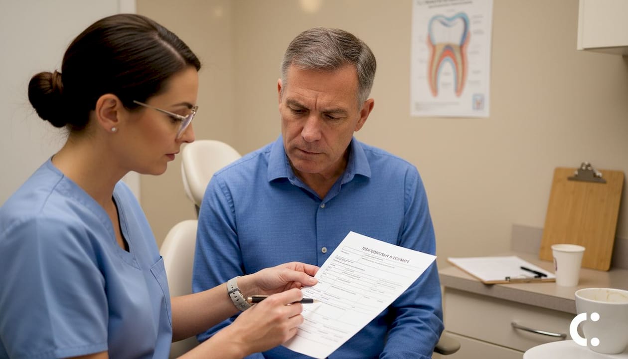 Patient discusses treatment plan with dentist in clinic