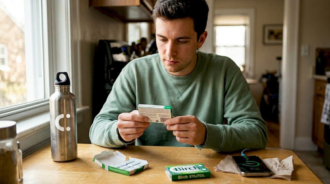 Hombre comparando ingredientes de paquetes de chicle