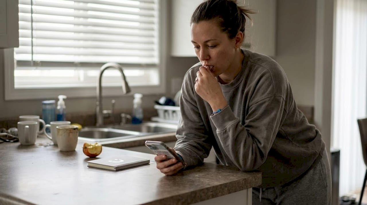 Woman chews gum reading news in kitchen