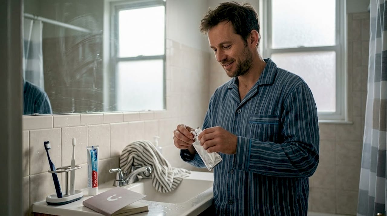 Man preparing functional gum at bathroom sink