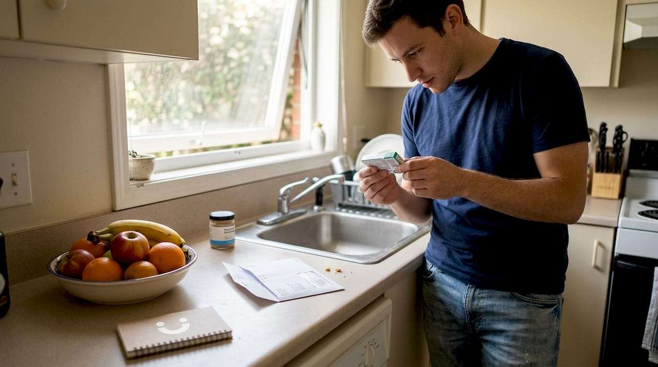 Man reading gum label in home kitchen