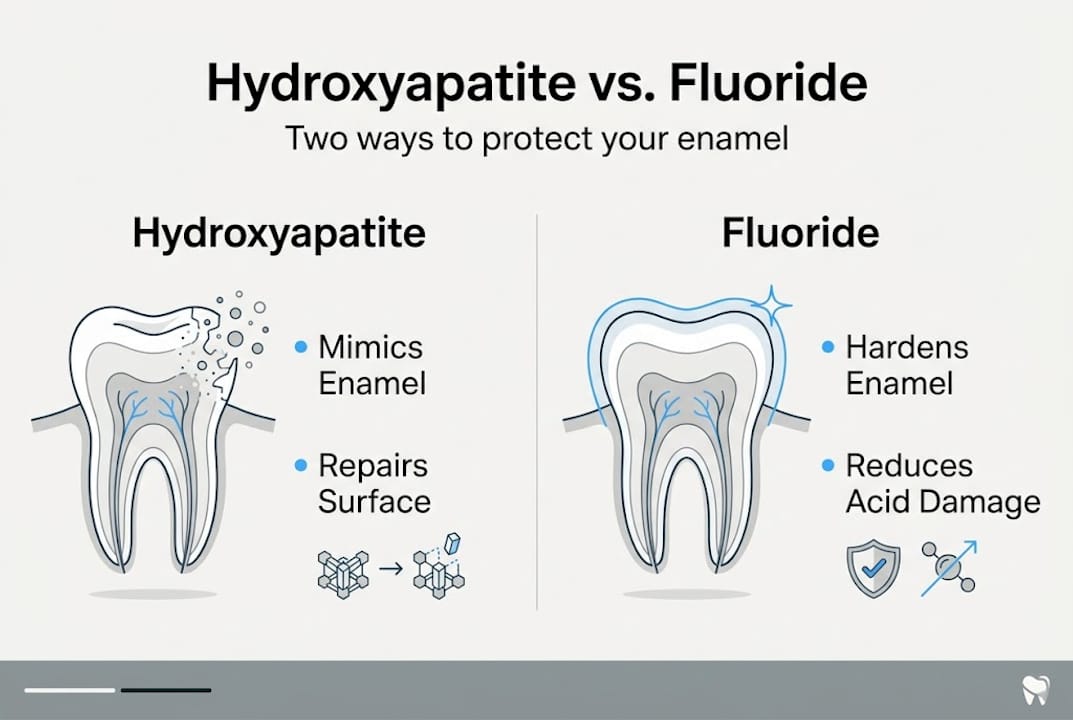 Infografía que compara la hidroxiapatita y el flúor