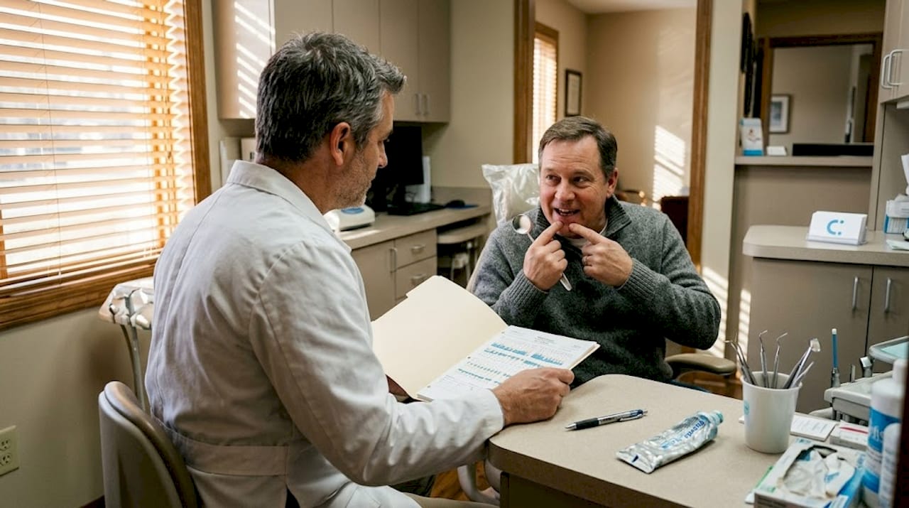 Dentist and patient discuss gum discomfort exam