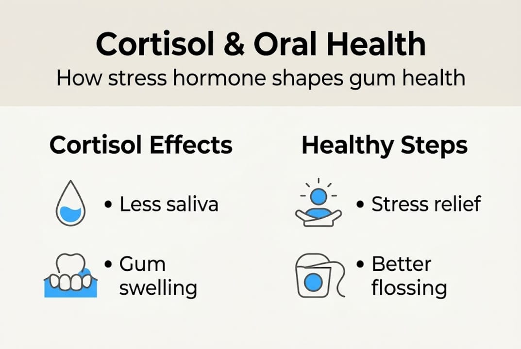 Infographic showing cortisol effects and healthy gum steps