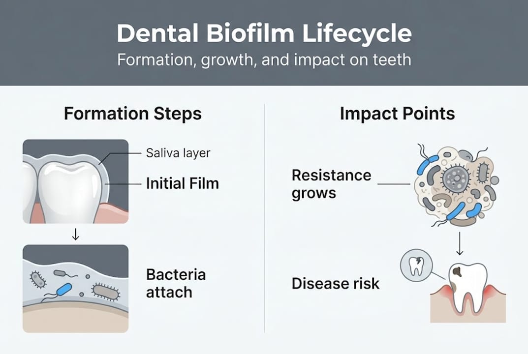Infografía que explica las etapas del biofilm dental