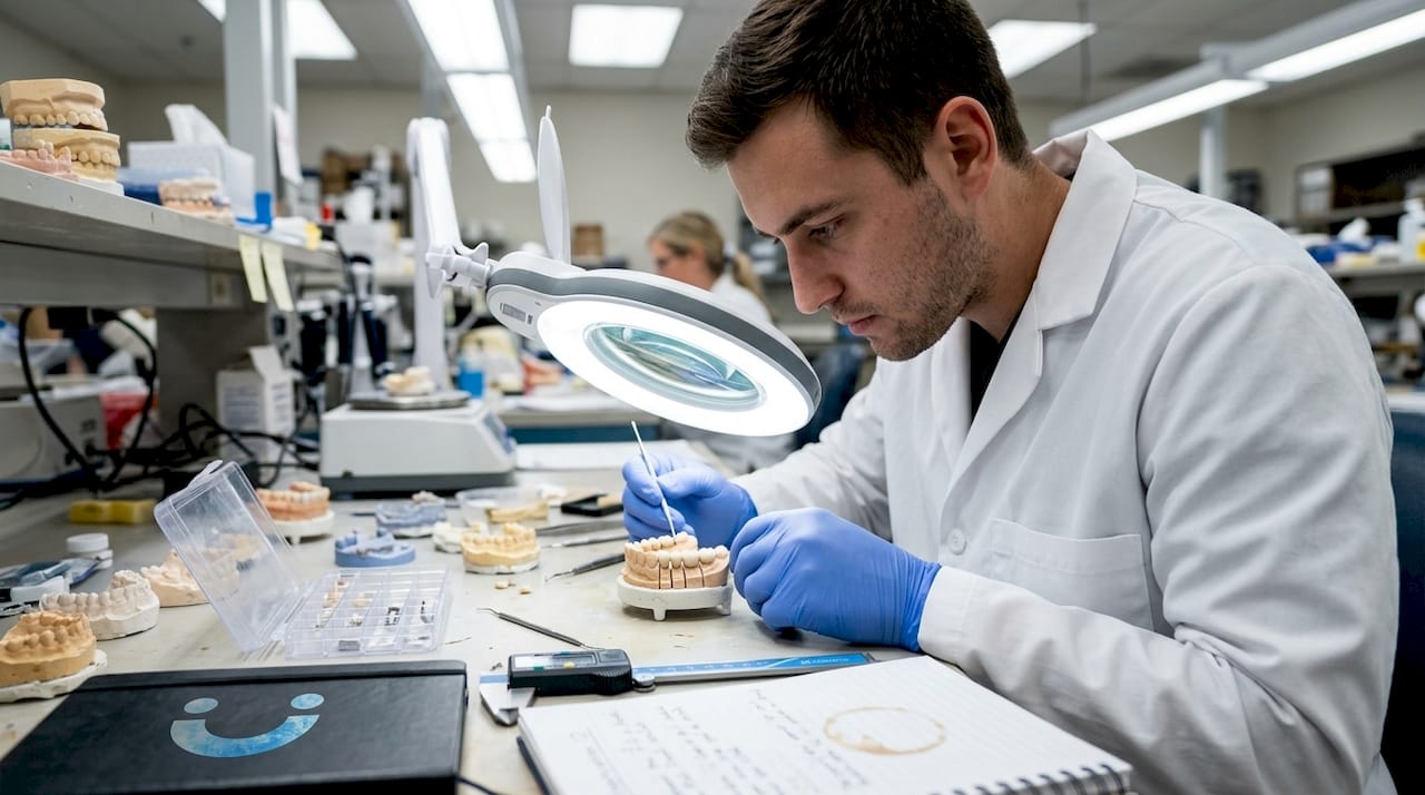 Dental technician examines tooth mineral model