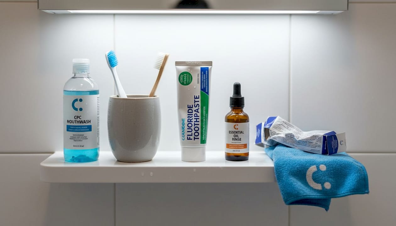 Primer plano de ingredientes de cuidado bucal en un estante