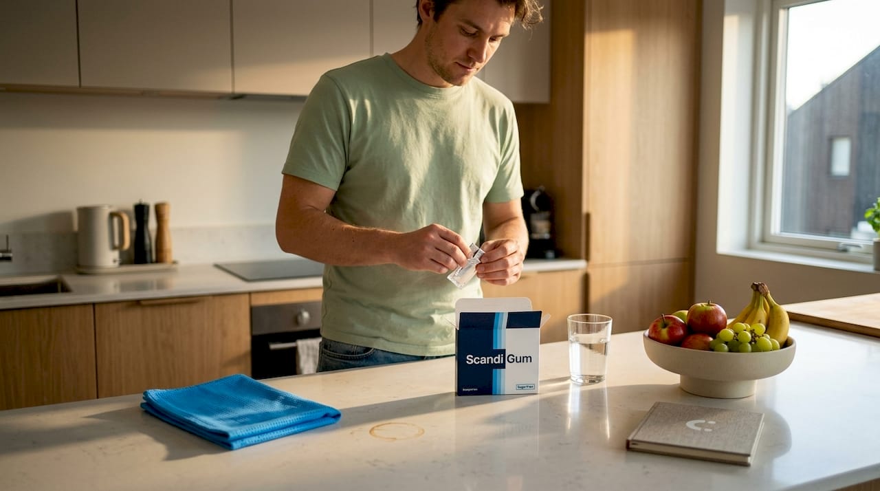 Person unwraps gum after snack in kitchen