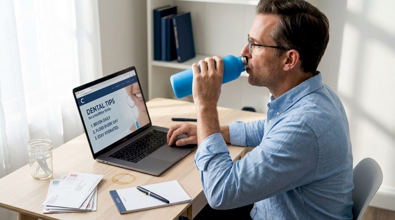 Hombre hidratándose en el escritorio para la salud bucal