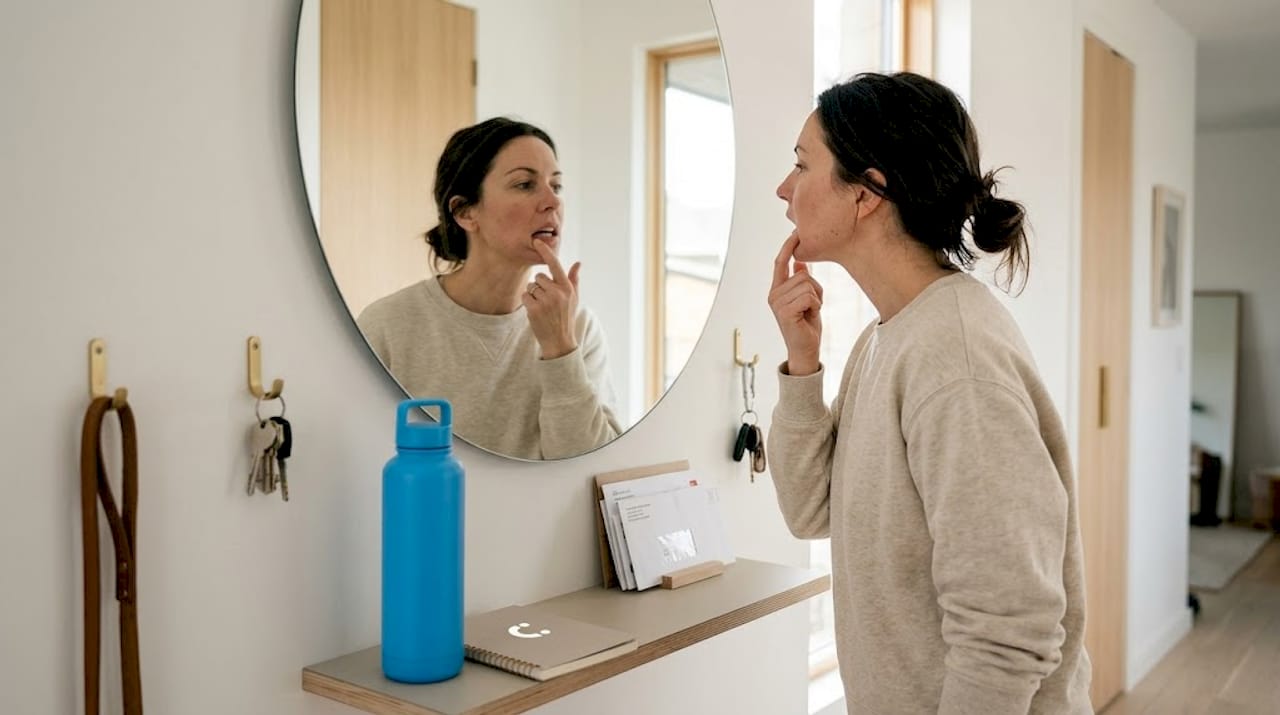 Woman checking gum line in hallway mirror
