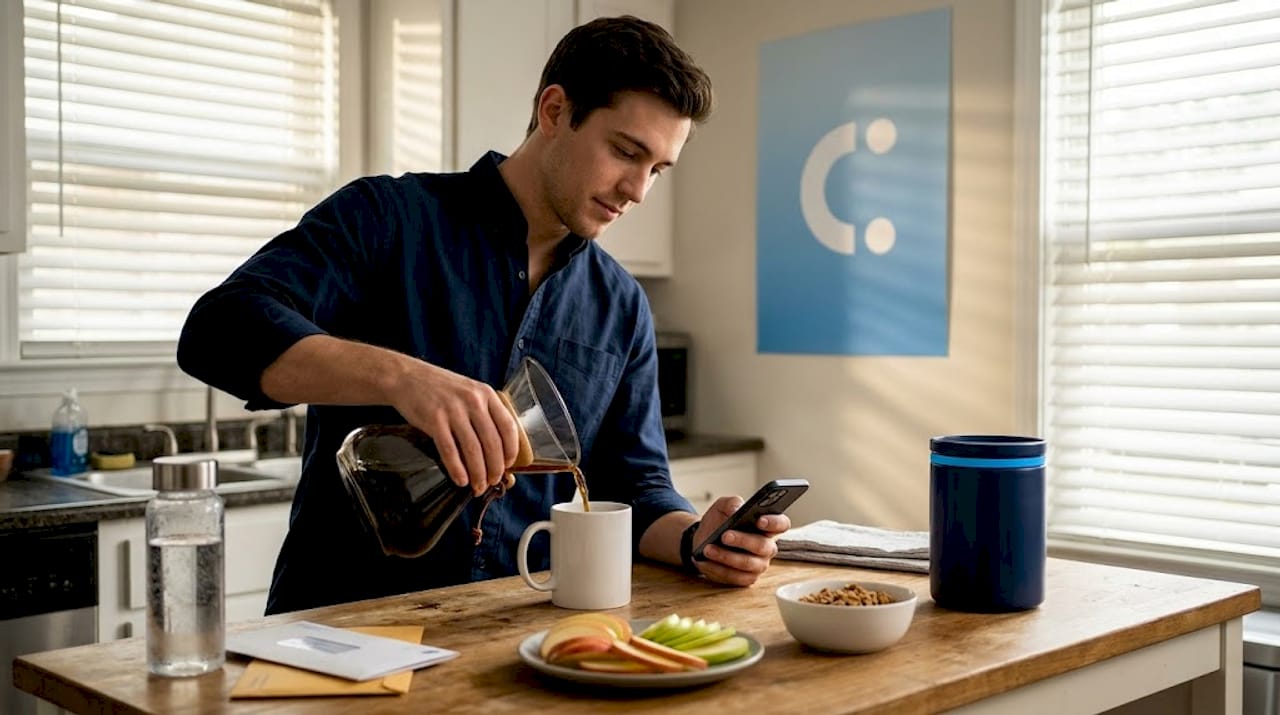 Hombre preparando un desayuno equilibrado para la salud dental