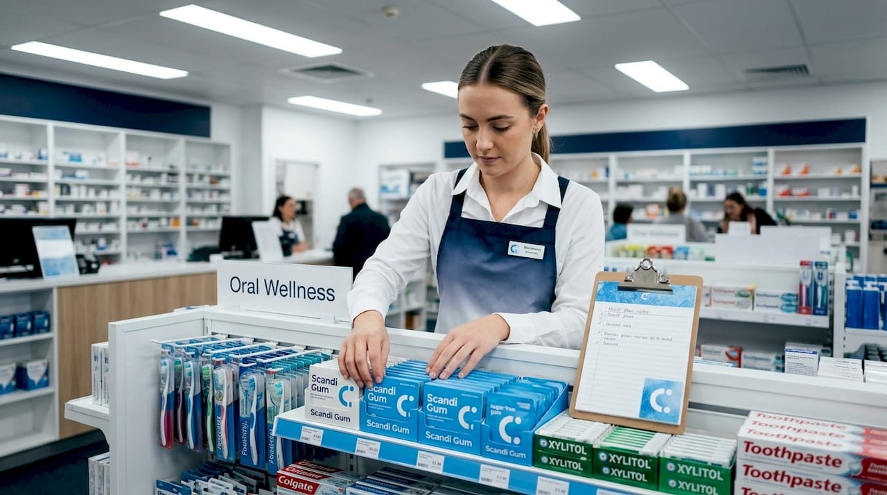 Personal de farmacia organizando chicles dentales junto al cuidado bucal