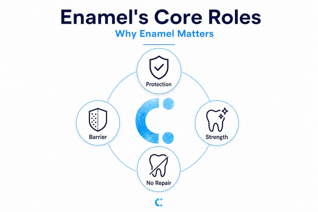 Hierarchy infographic showing enamel's roles and limits