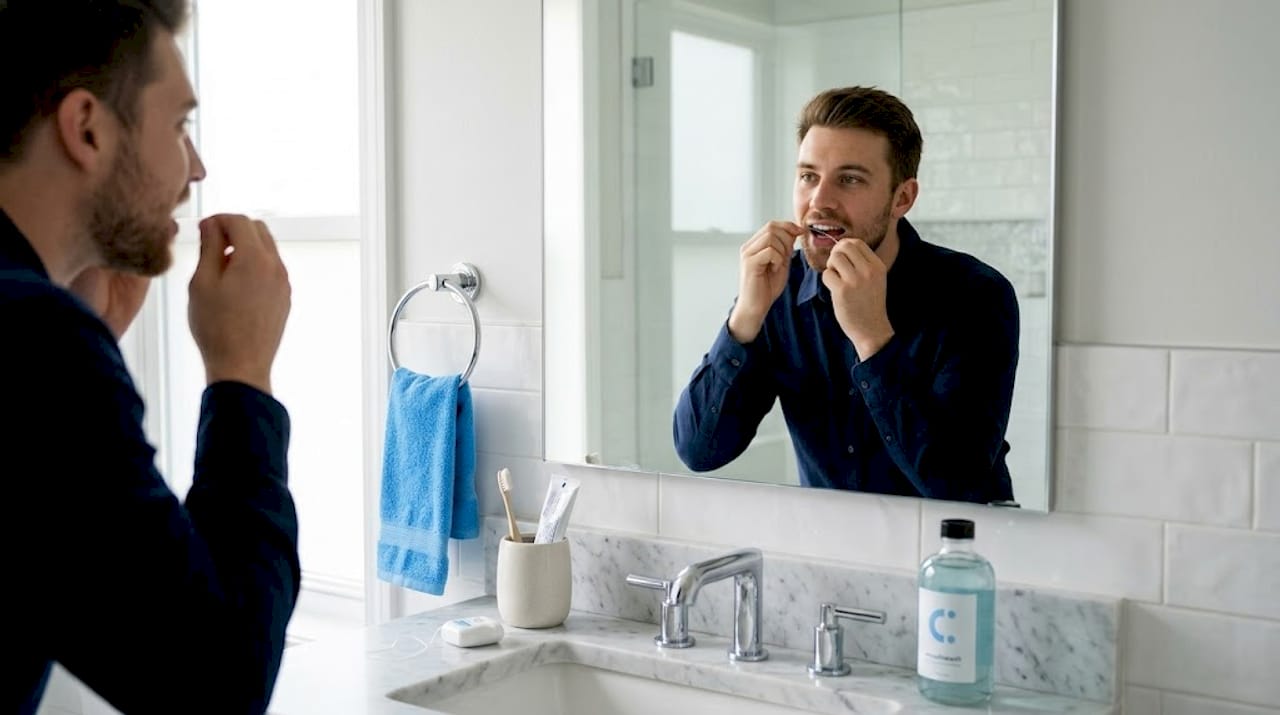 Hombre usando hilo dental frente al lavabo del baño