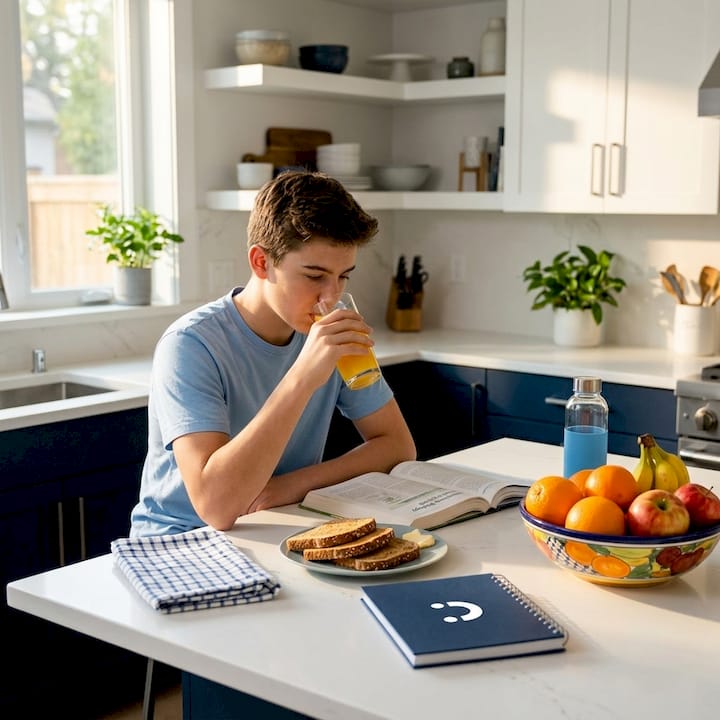 Adolescente bebiendo jugo en la mesa de la cocina