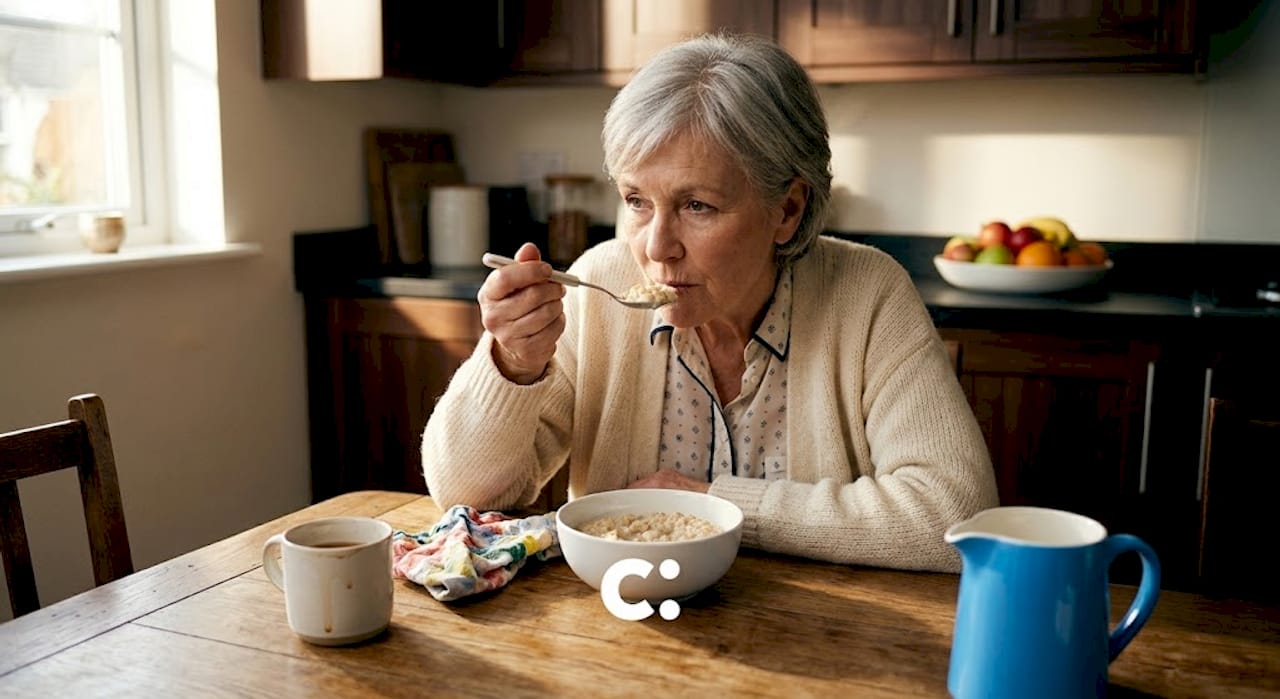 Older woman chewing oatmeal at kitchen table