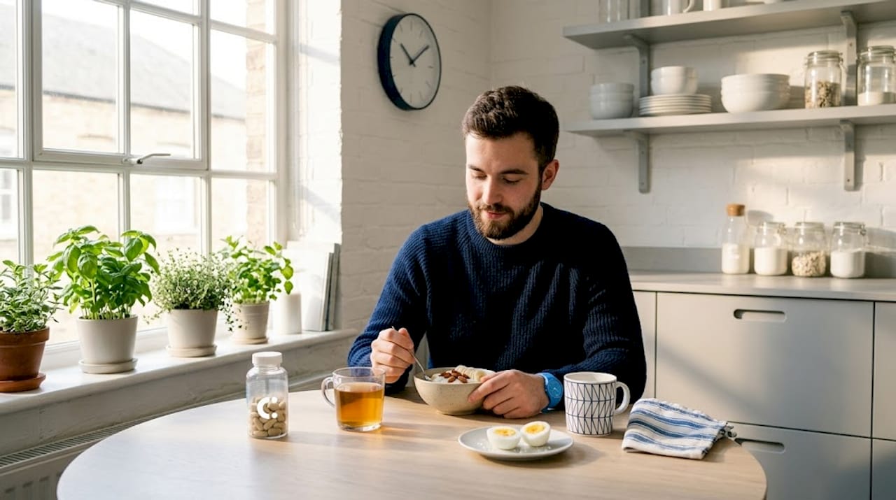 Hombre comiendo un desayuno rico en minerales para el esmalte