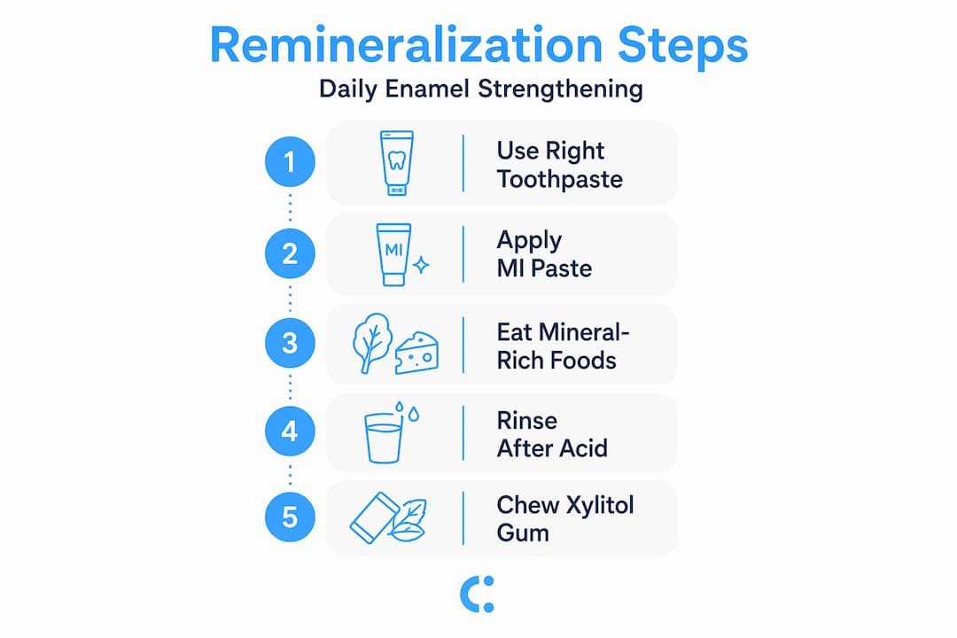 Infografía que muestra los pasos diarios para la remineralización dental