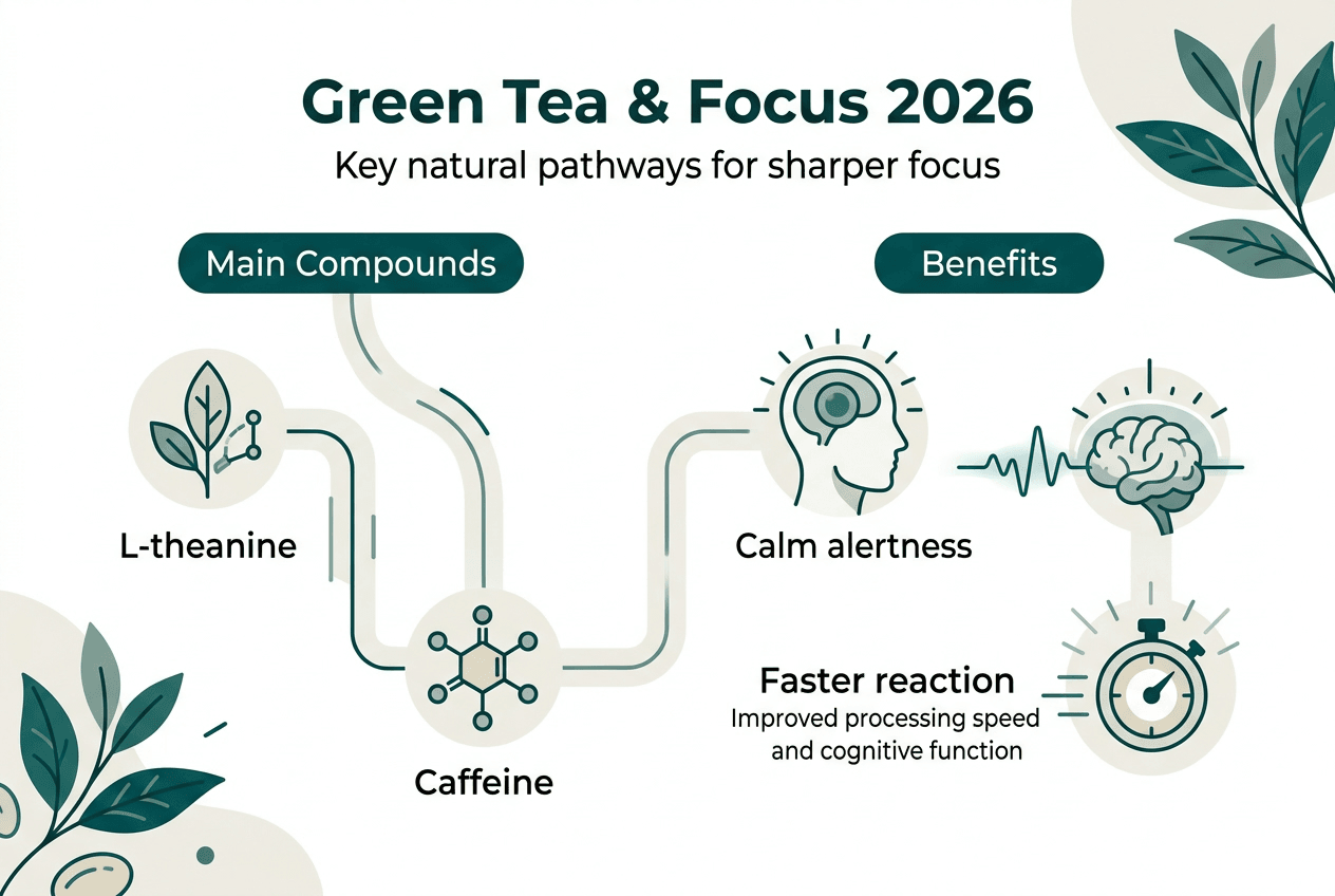Infographic of green tea compounds and focus benefits