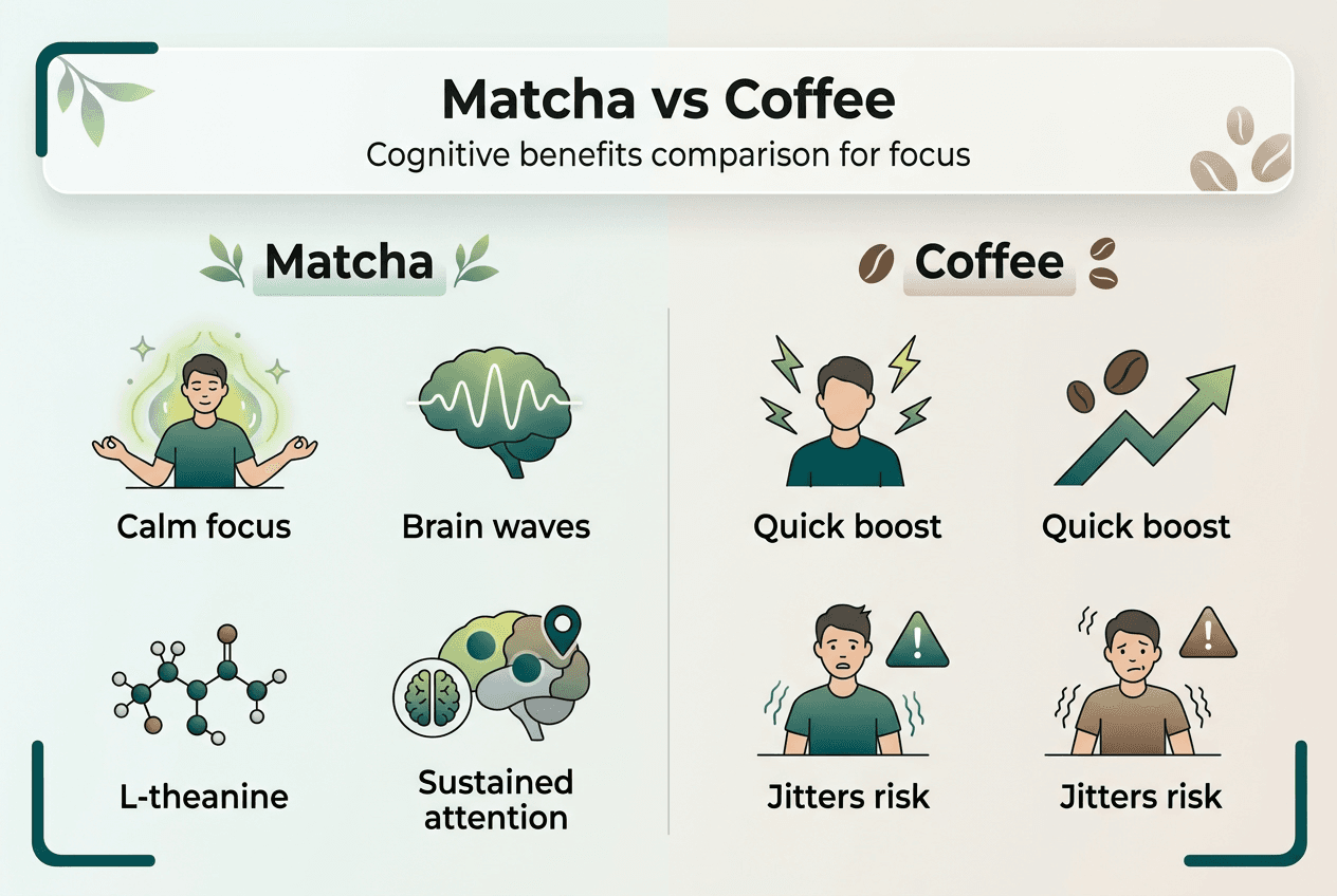 Infographic comparing matcha and coffee for focus