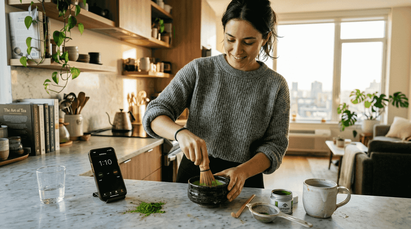 Woman whisking matcha at kitchen counter