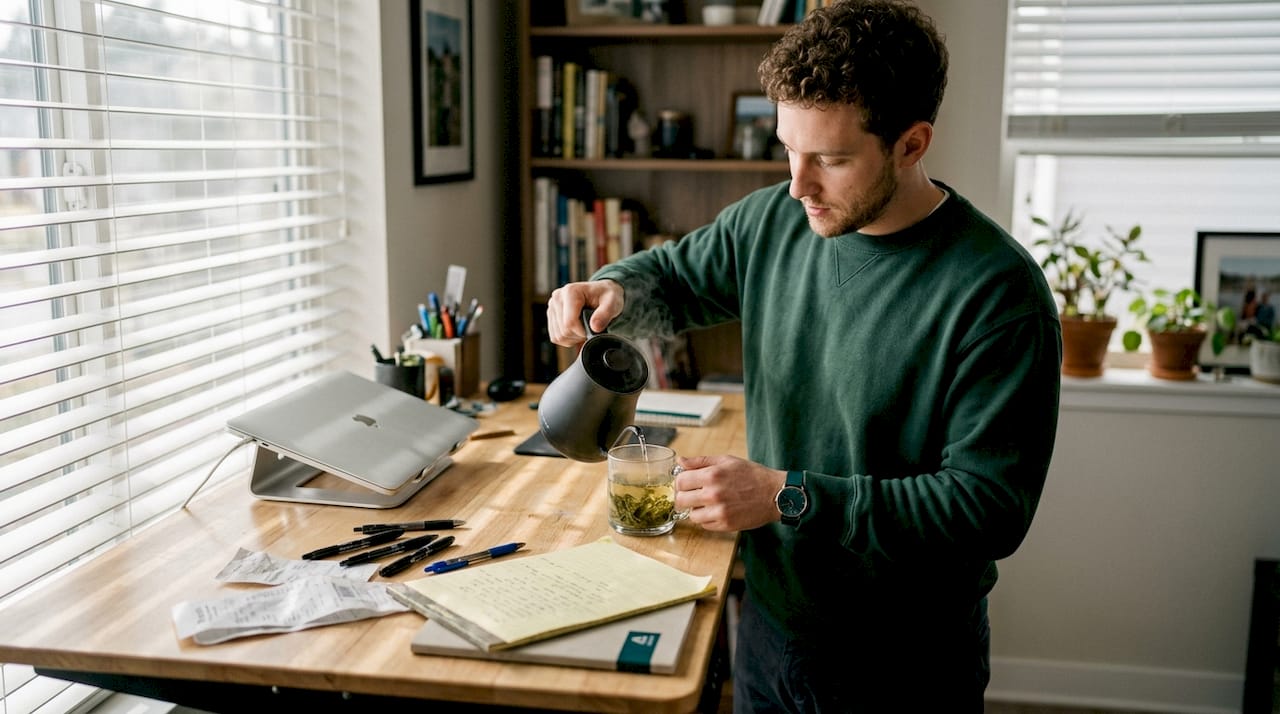 Man preparing green tea in home office