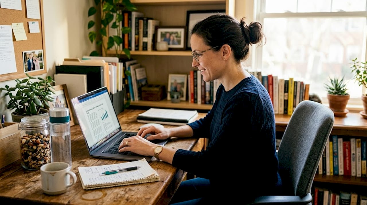 Woman at desk with snack and water while working