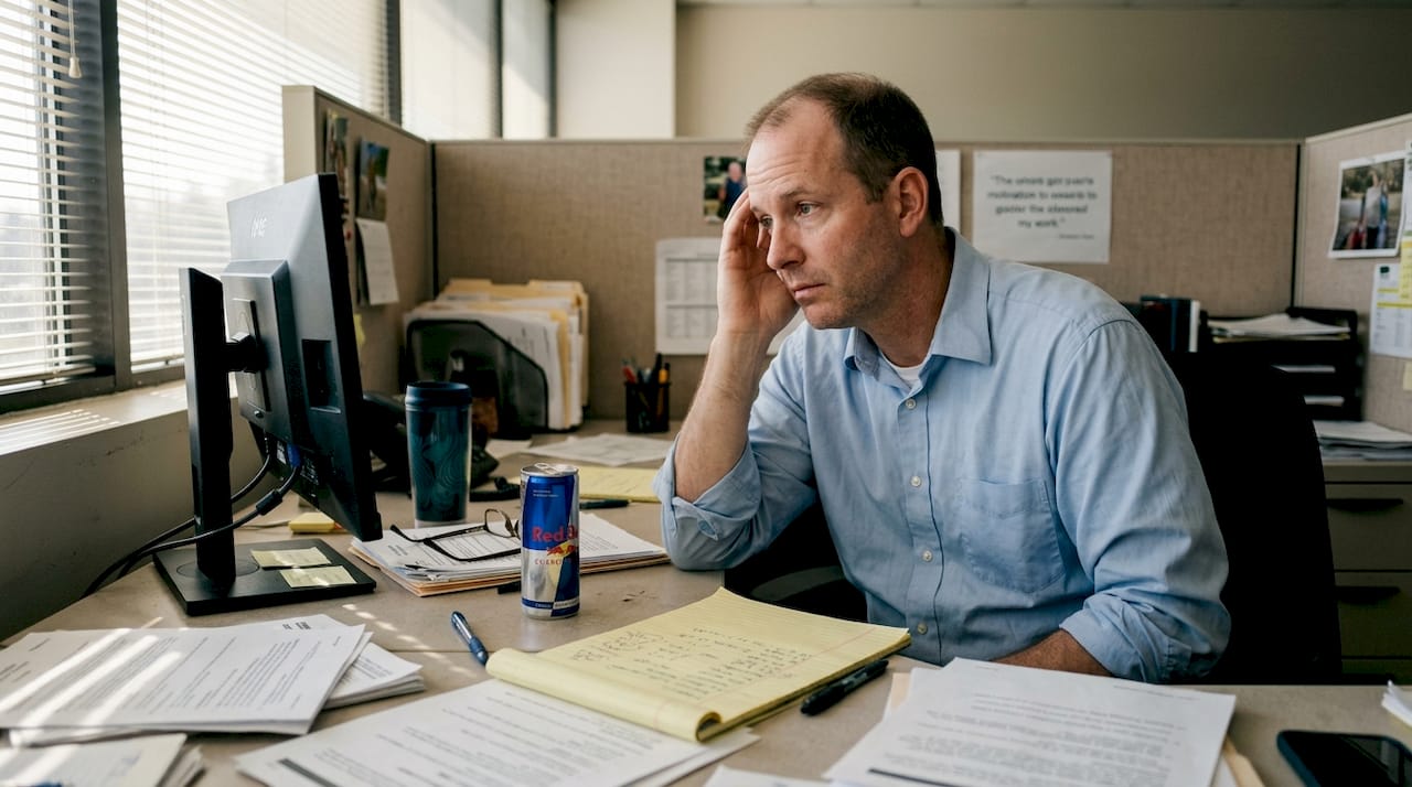 Office worker showing fatigue with energy drink