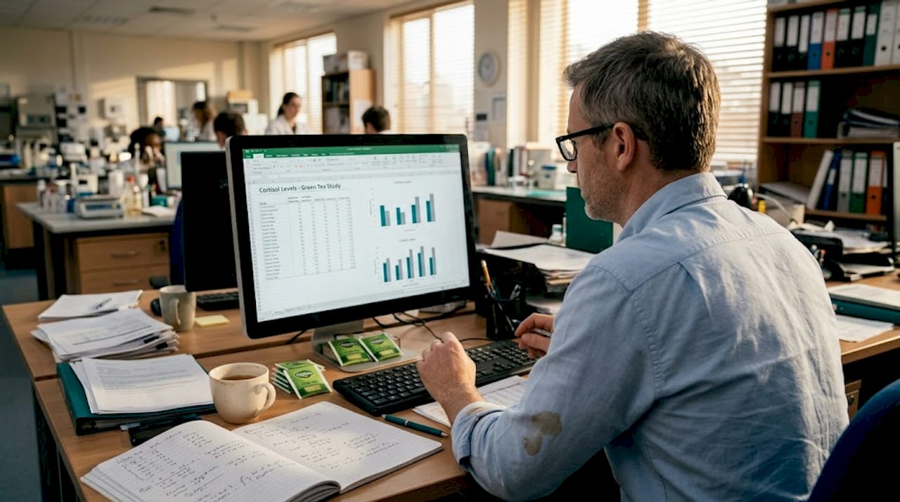 Scientist analyzing green tea cortisol research