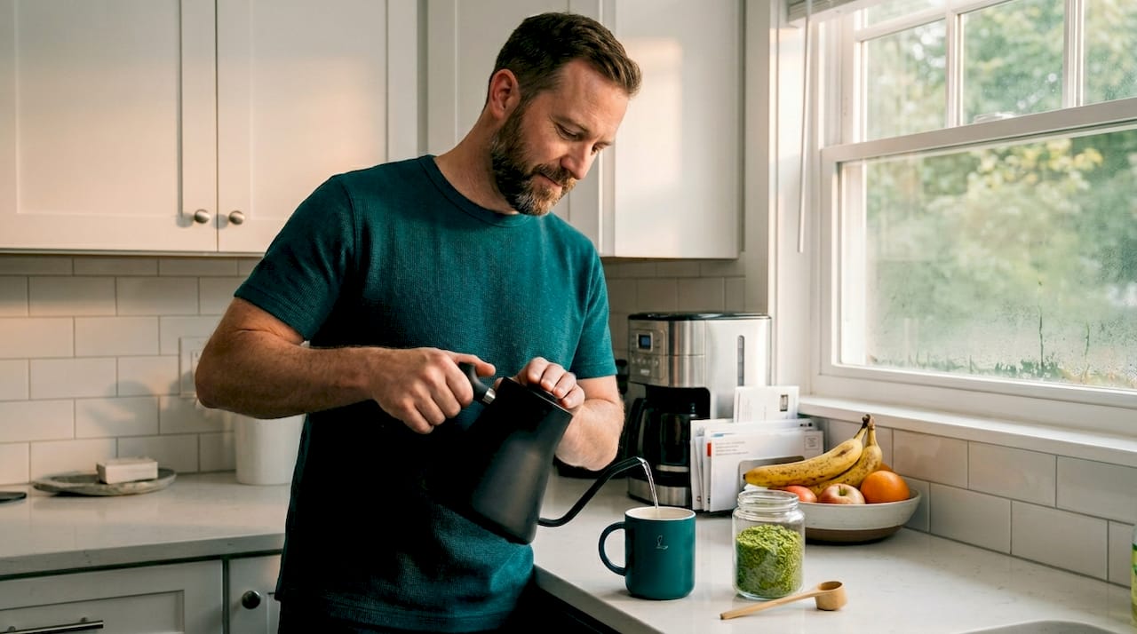 Man preparing green tea for steady energy