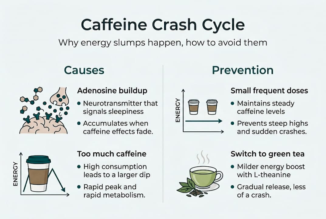 Infographic showing caffeine crash causes and prevention