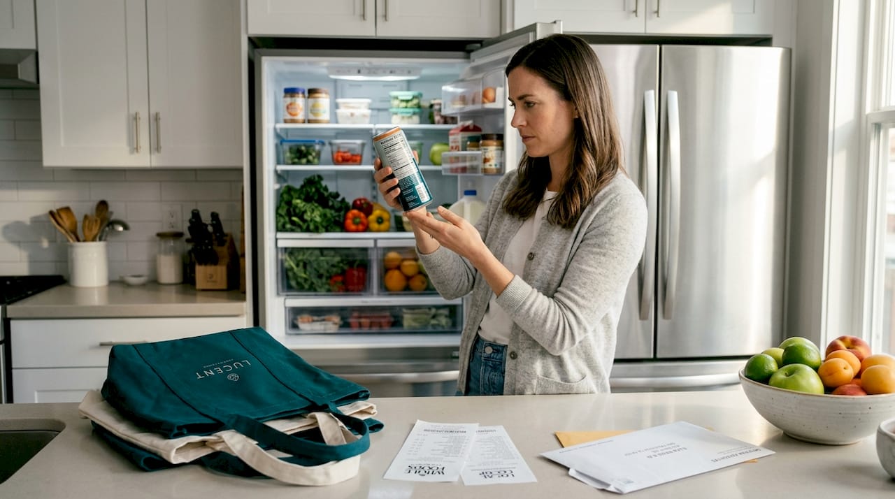 Dietitian examines energy drink label in kitchen