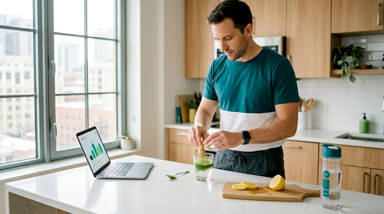 Man preparing matcha drink in kitchen