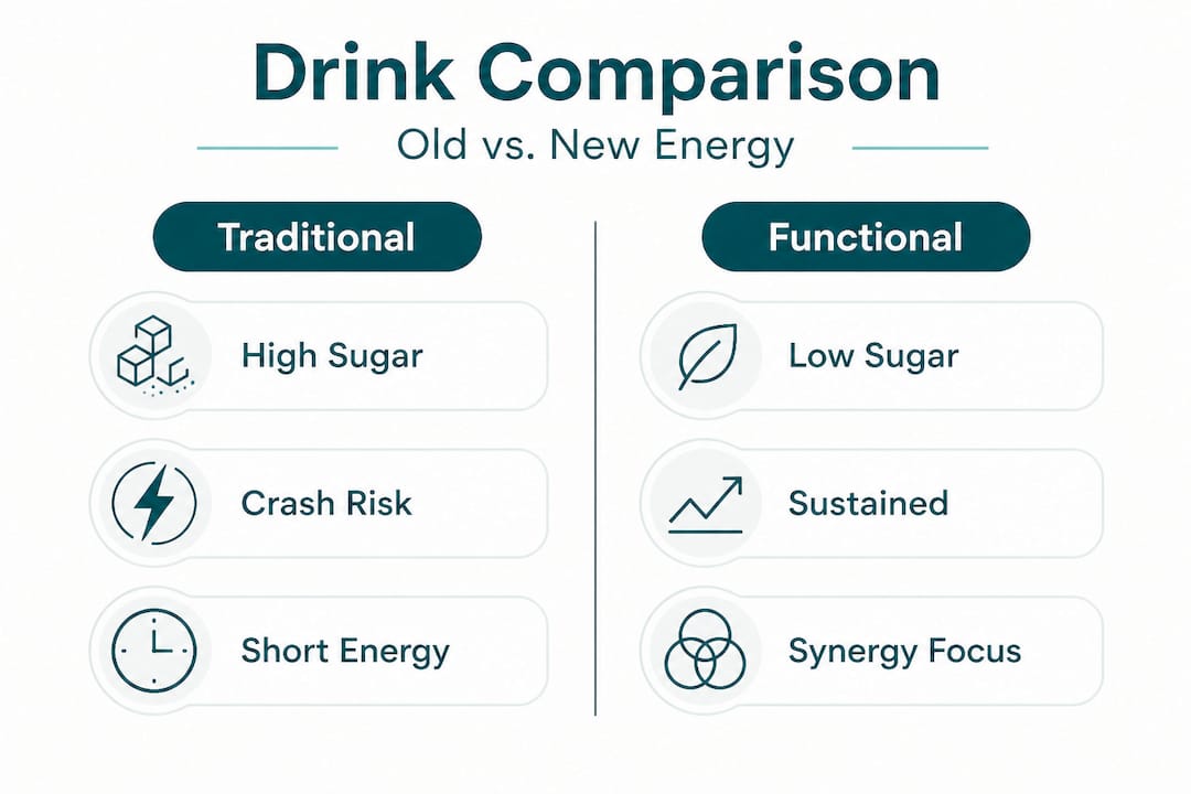 Infographic comparing functional and traditional energy drinks