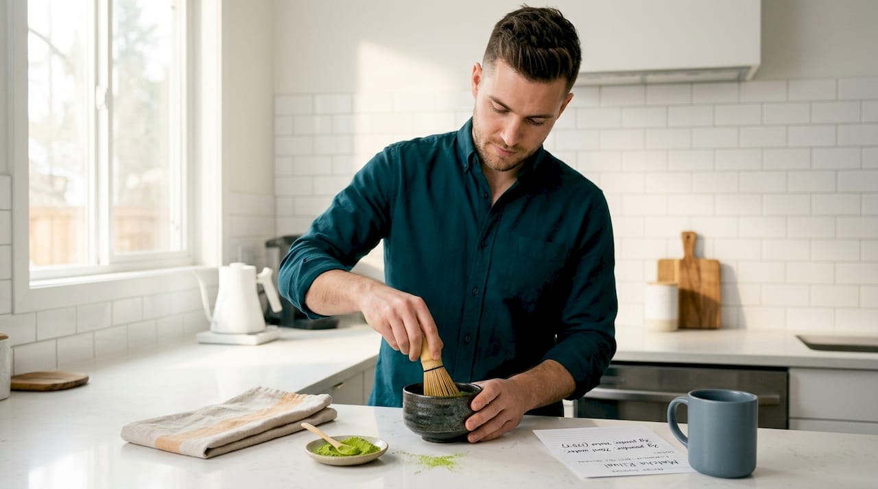 Making matcha tea in sunlit kitchen