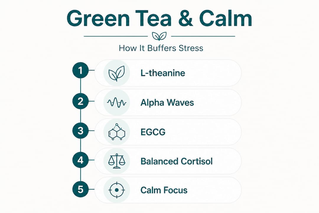 Infographic showing green tea’s cortisol management steps
