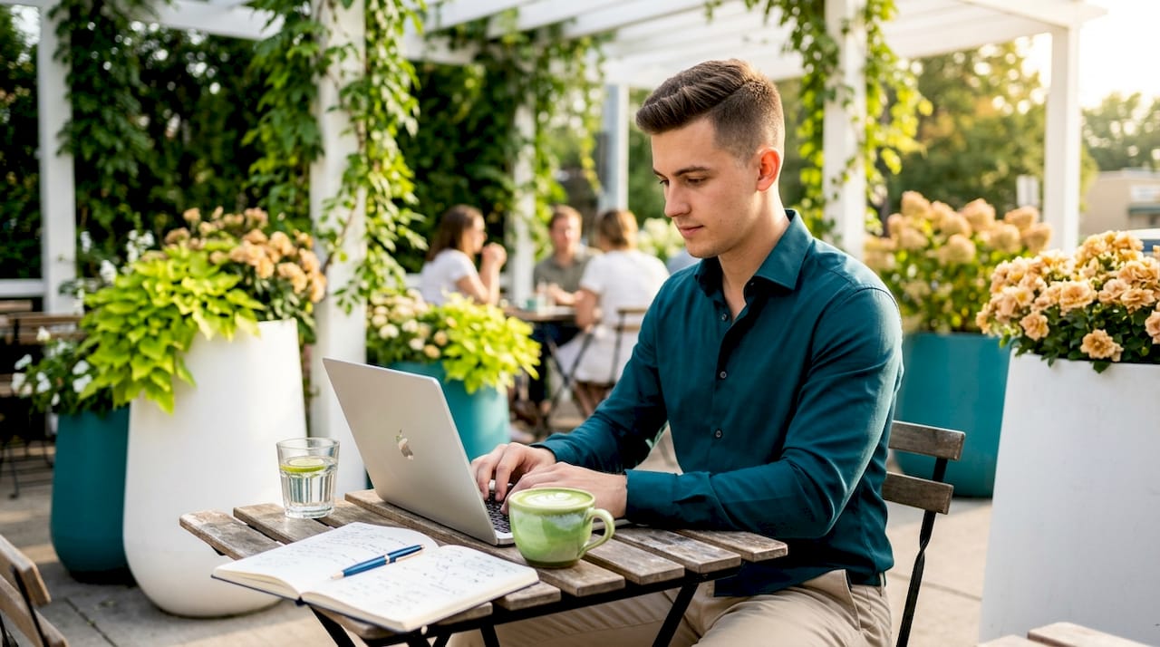 Man working with matcha latte in café