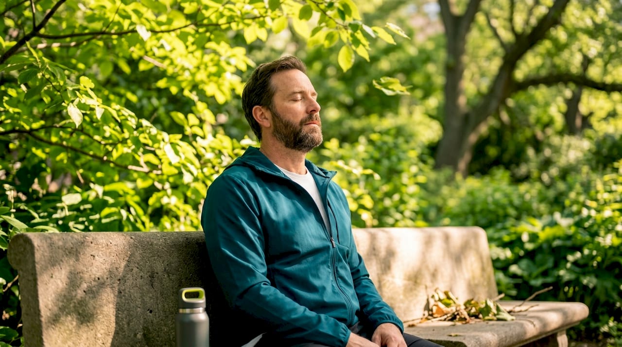 Man practicing breathwork on park bench