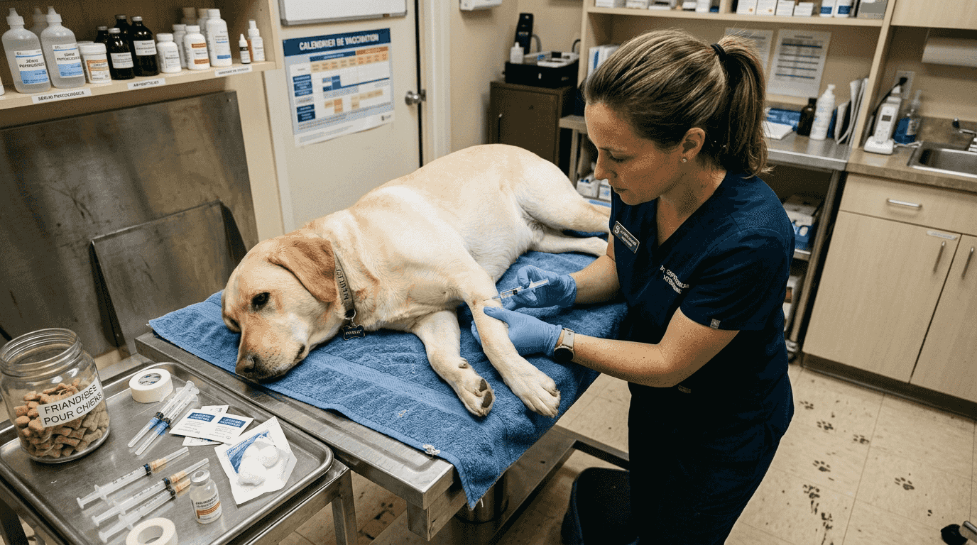 Un vétérinaire administre une piqûre pour apaiser un labrador un peu stressé.