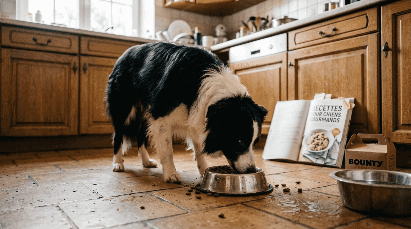 Un Border Collie en train de déguster ses croquettes dans la cuisine.