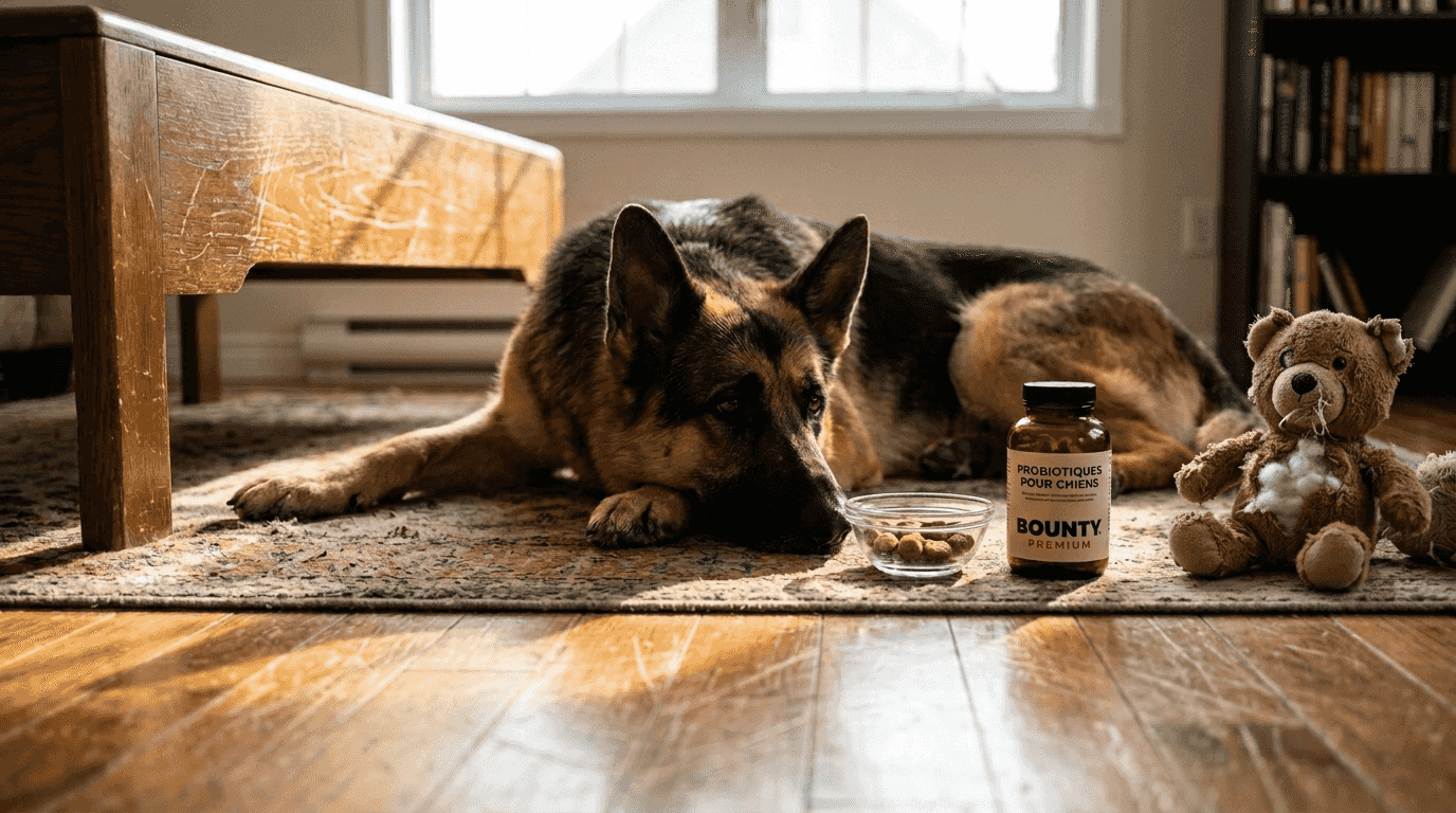 Un chien assis à côté d’un flacon de compléments alimentaires pour la digestion.