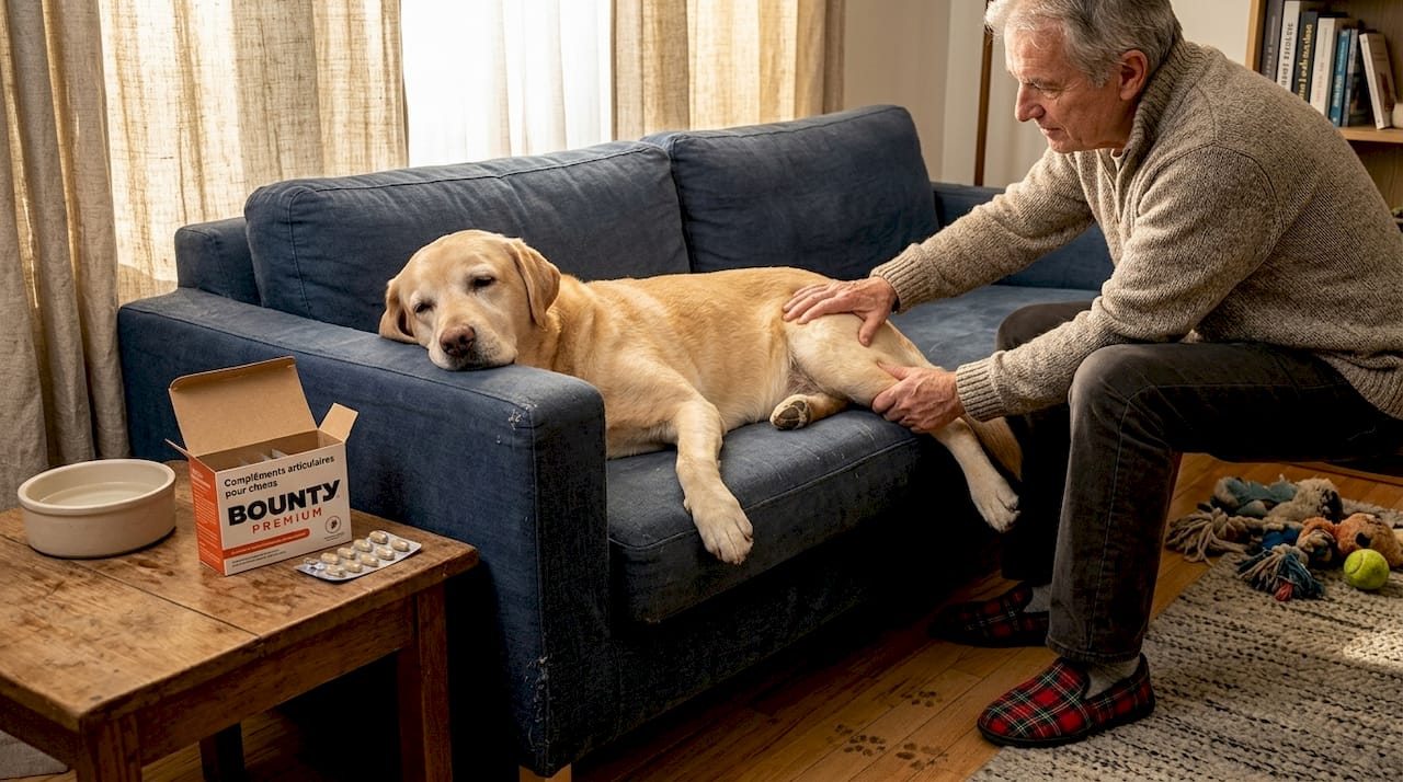 Le propriétaire veille au bien-être articulaire de son chien âgé grâce à des soins adaptés à la maison.
