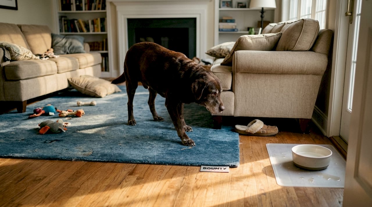 Un vieux chien qui grimpe doucement sur son tapis dans le salon.